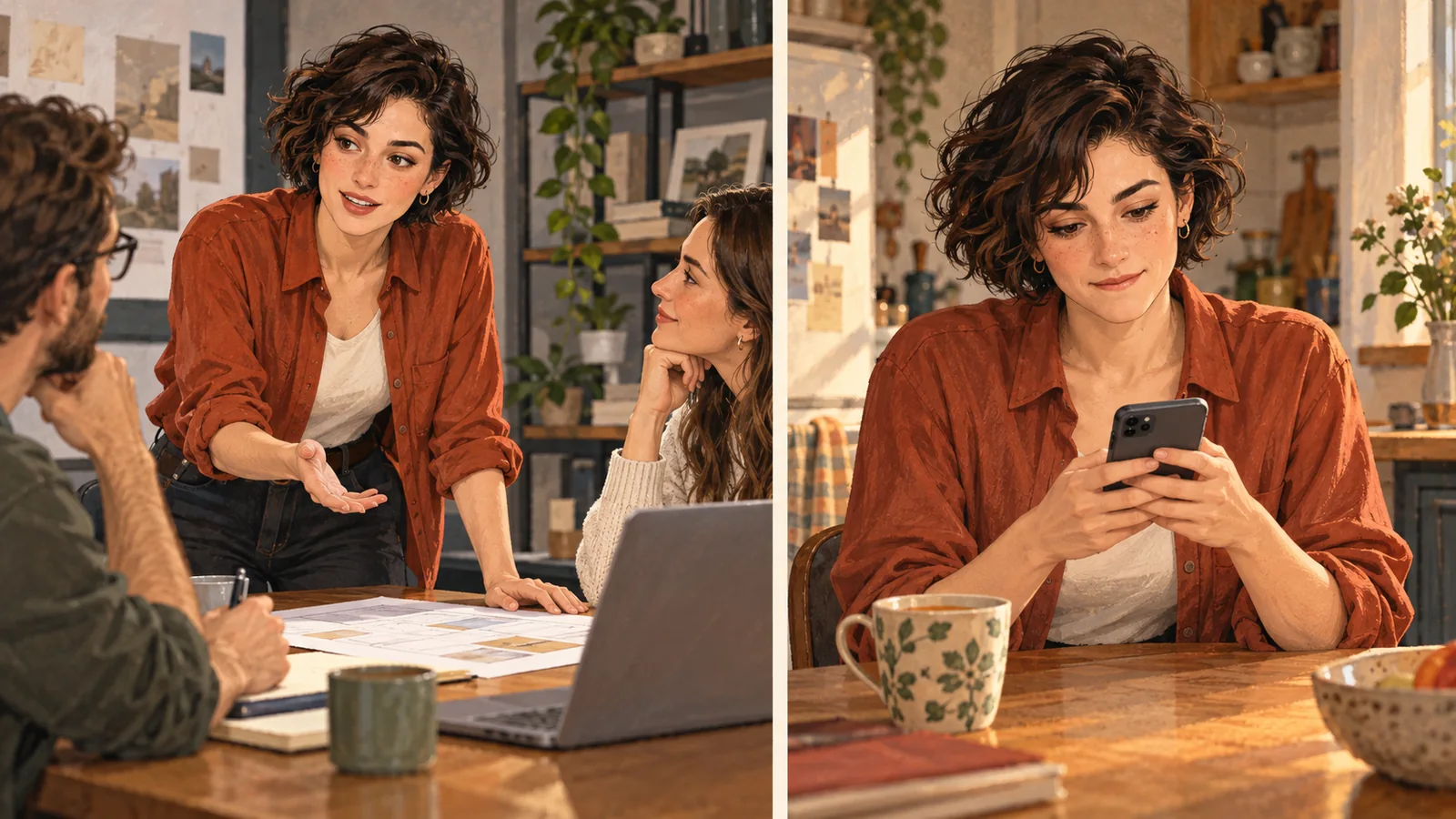 The same woman proposes a plan in a work meeting, then pauses over a personal message on her phone at home.