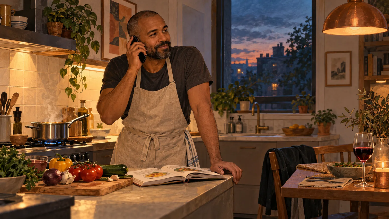 A man listens to a phone call beside the dinner he is preparing.