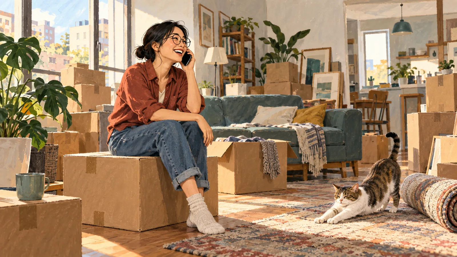 A woman chats on the phone among moving boxes in a sunlit apartment.